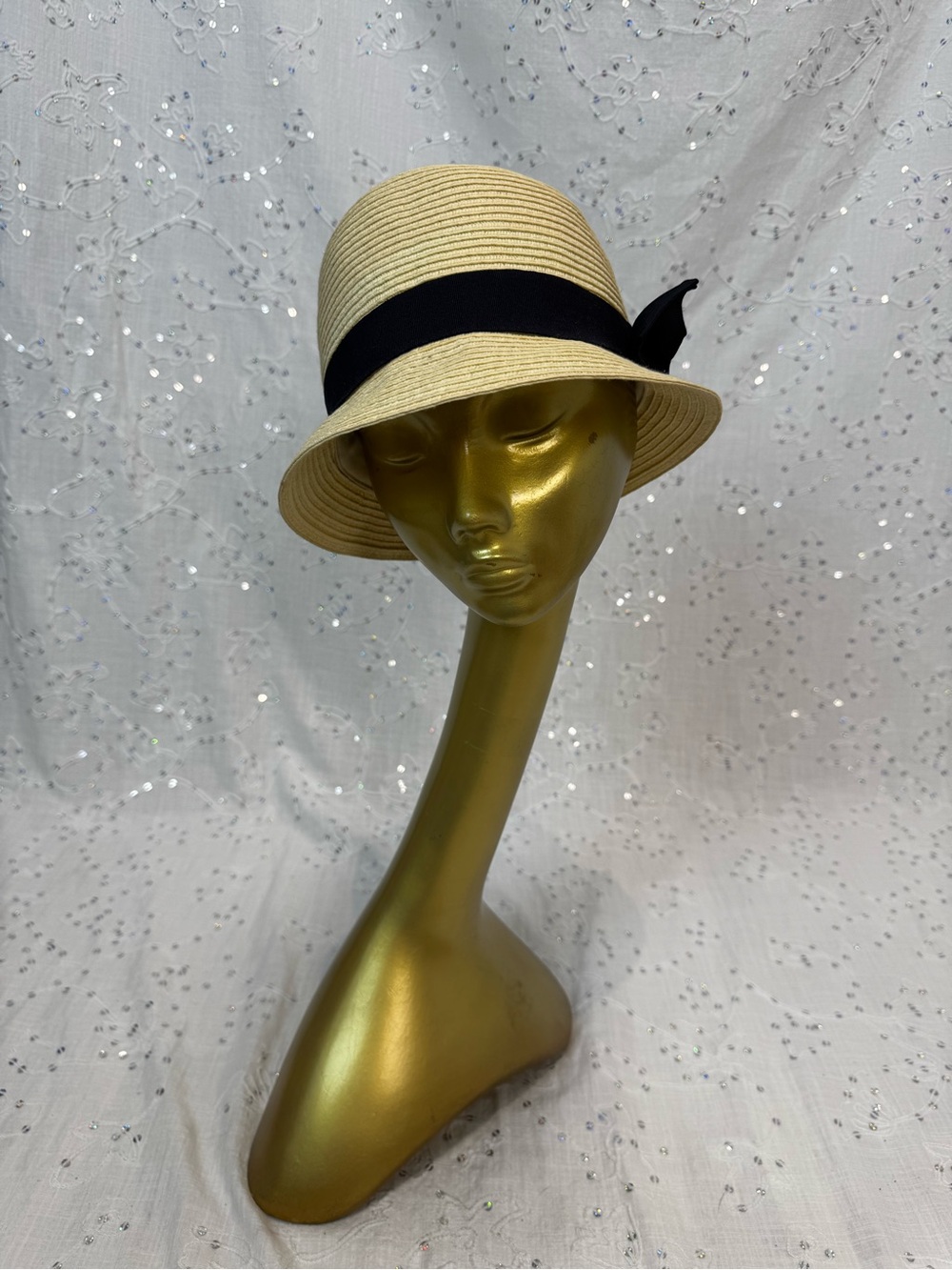 Parkhurst Cloche Style Paper Straw Hat Cream Black Ribbon Hat